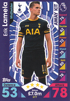 Erik Lamela Tottenham Hotspur 2016/17 Topps Match Attax Away Kit #377